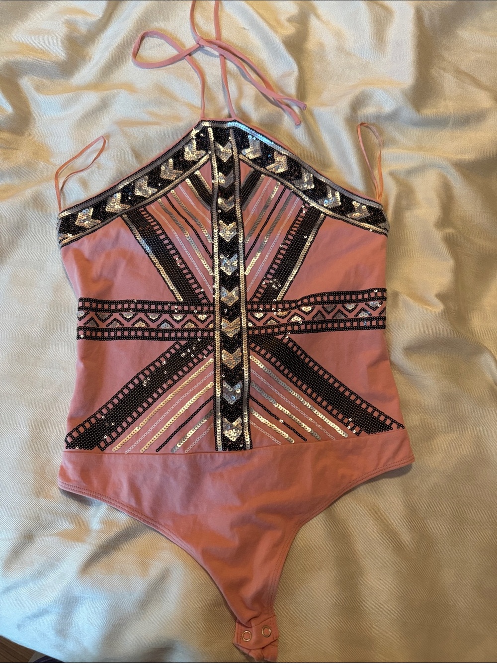 Express Pink Sequin Halter Bodysuit with Geometric Beading